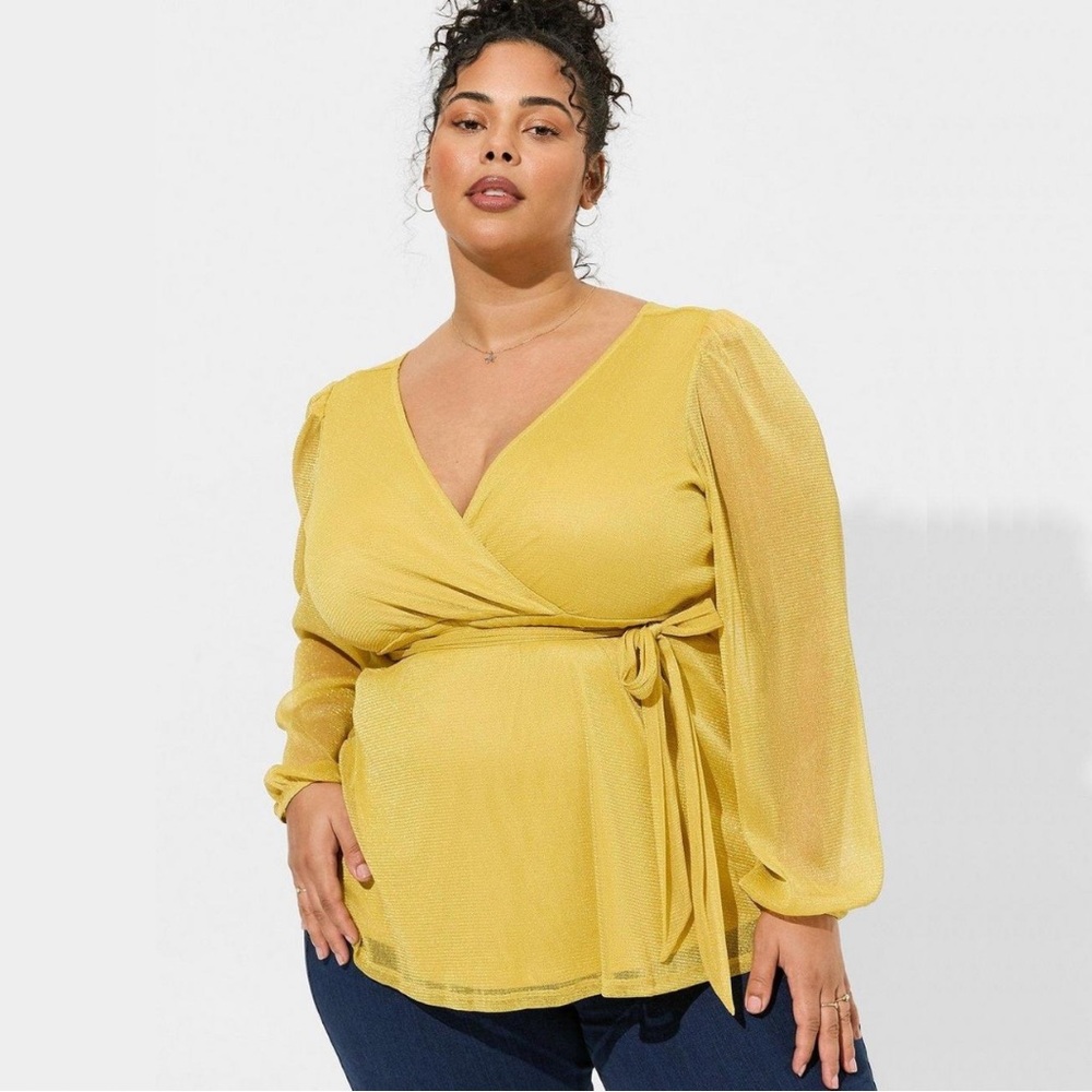 Torrid Knit Glitter Lurex Surplice Peplum Top in Rich Gold